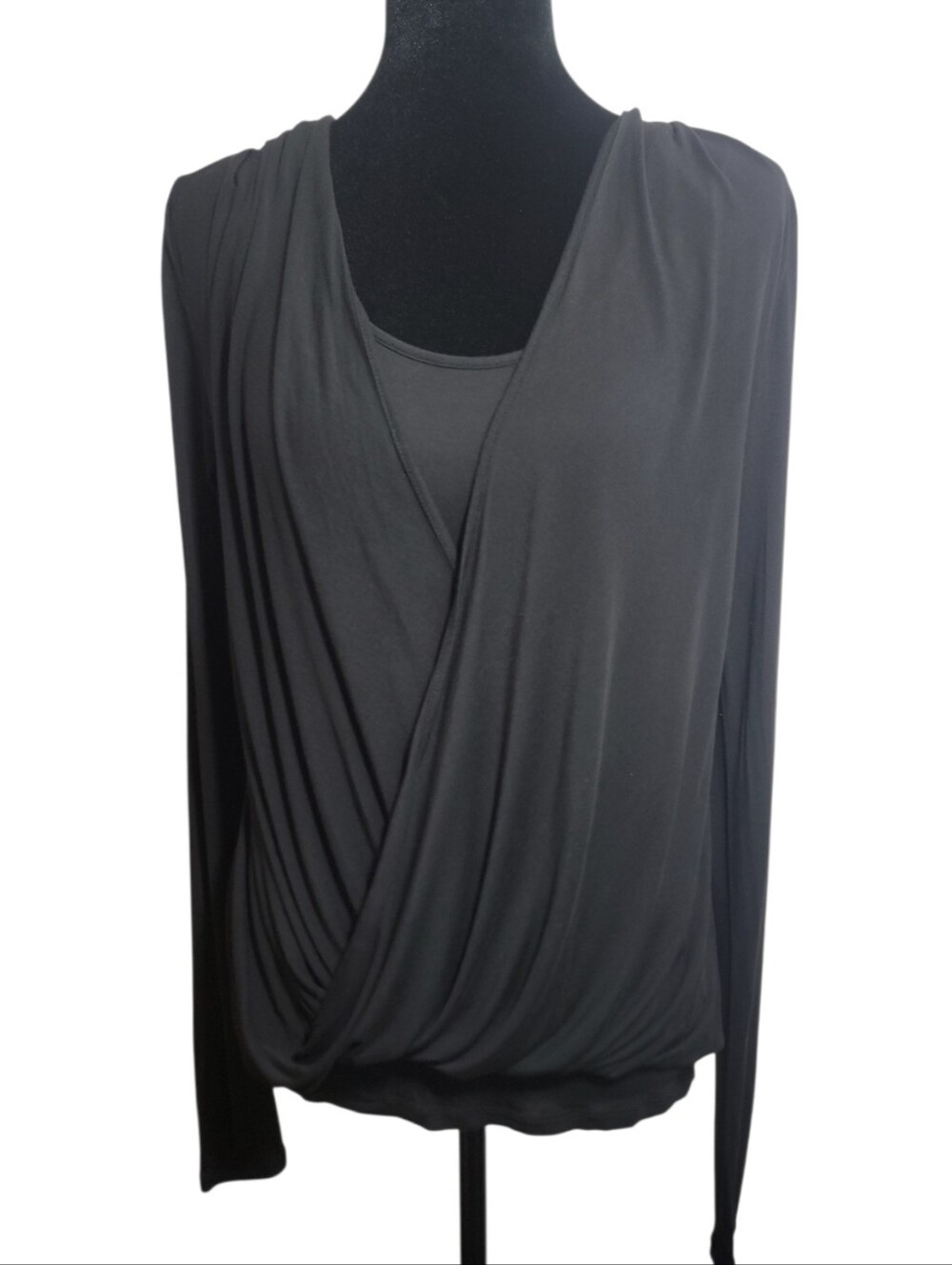 Michael Kors women's black draped faux wrap long-sleeve top size XS scoop neck